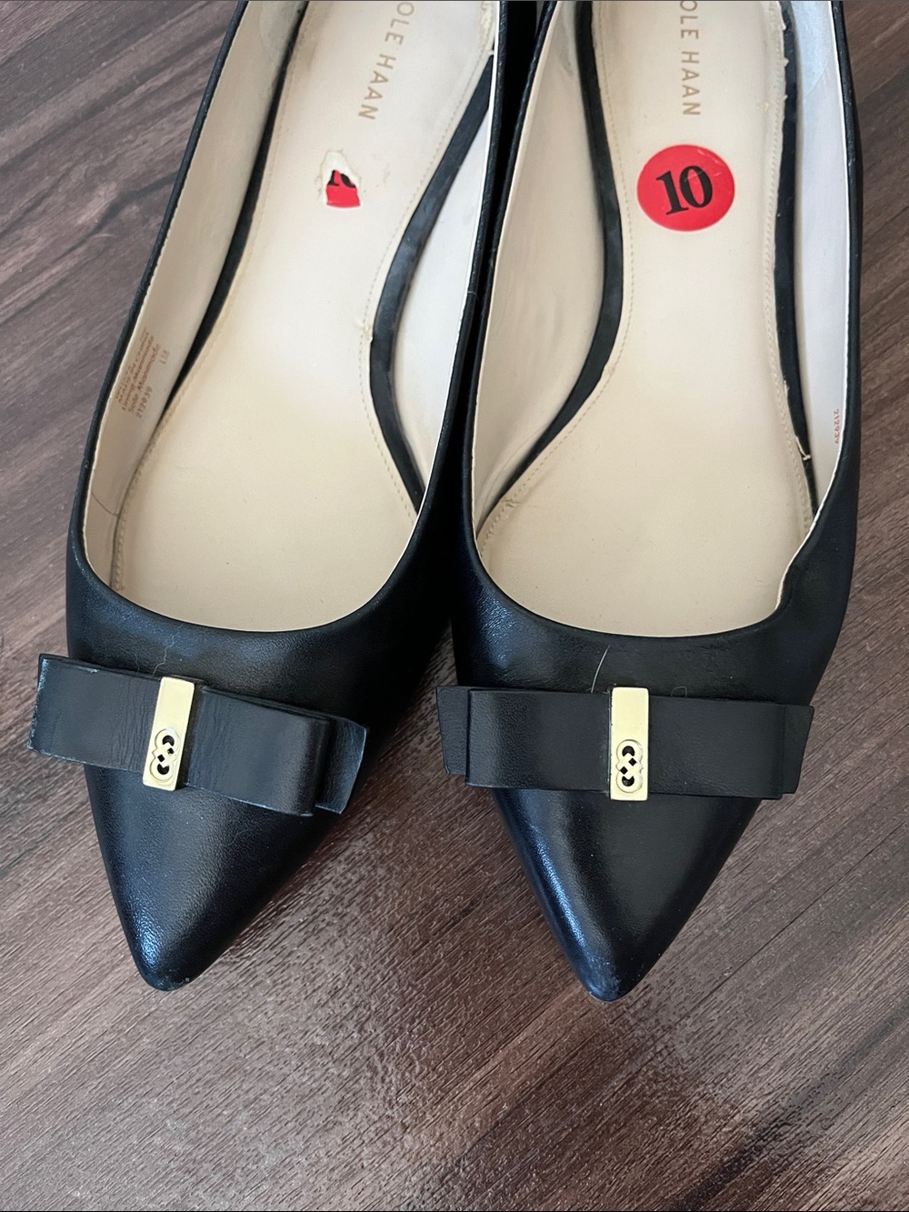 Cole Haan Black Pointed Toe Bow Flats with Gold Accent - Picture 3 of 7